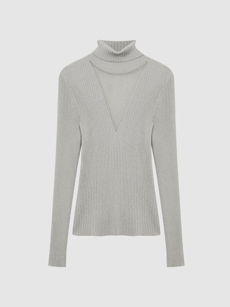 Reiss Silver Tanya Metallic Ribbed Mesh Panel Funnel Neck Top - Image 2 of 6