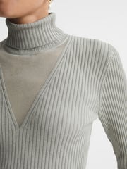 Reiss Silver Tanya Metallic Ribbed Mesh Panel Funnel Neck Top - Image 4 of 6