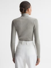 Reiss Silver Tanya Metallic Ribbed Mesh Panel Funnel Neck Top - Image 5 of 6