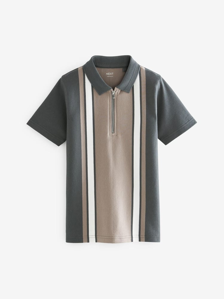 Neutral Vertical Colourblock Short Sleeve Zip Neck Polo Shirt (3-16yrs) - Image 1 of 3