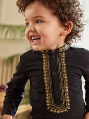 Black Shirt Length Embroidered Boys Kurta (3mths-7yrs) - Image 3 of 6