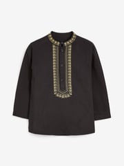 Black Shirt Length Embroidered Boys Kurta (3mths-7yrs) - Image 4 of 6