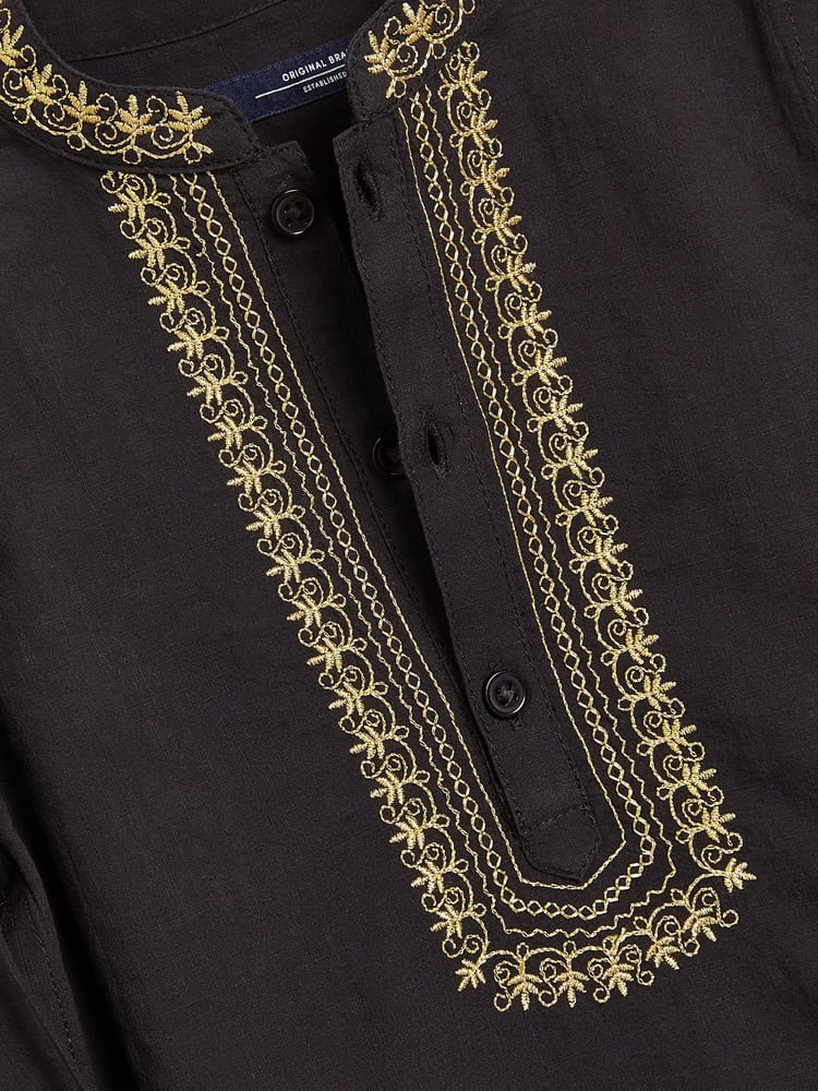 Black Shirt Length Embroidered Boys Kurta (3mths-7yrs) - Image 6 of 6