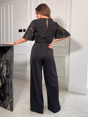 Girl In Mind Black Burn Out Floral Viola Wrap Tie Detail Wide Leg Jumpsuit - Image 2 of 4