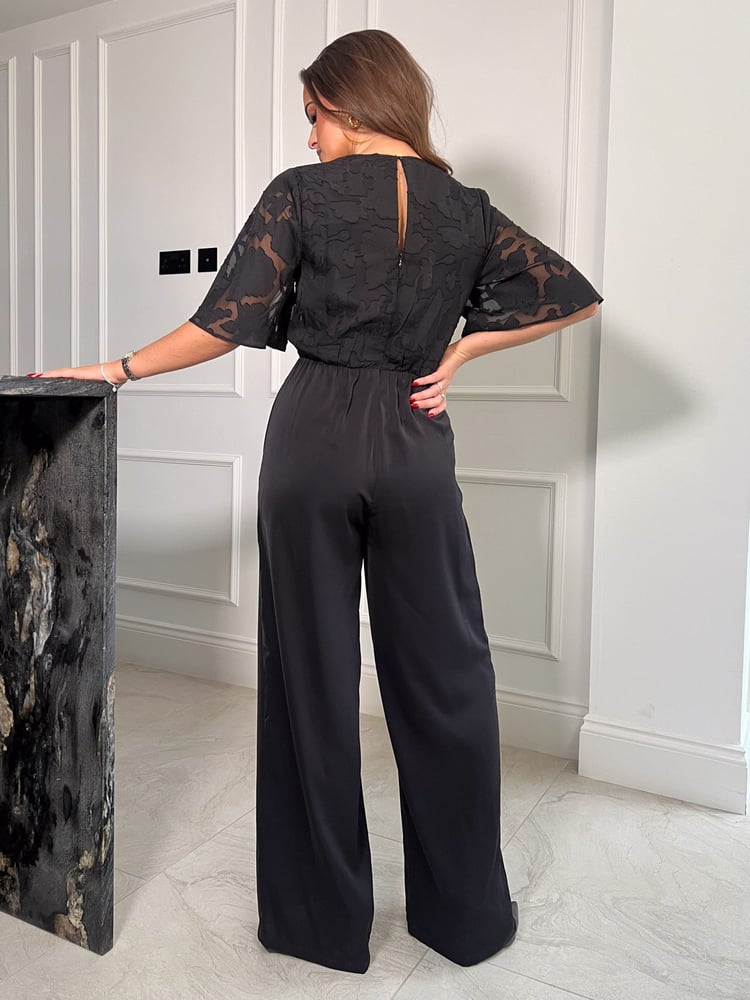 Girl In Mind Black Burn Out Floral Viola Wrap Tie Detail Wide Leg Jumpsuit - Image 2 of 4