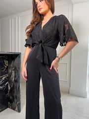 Girl In Mind Black Burn Out Floral Viola Wrap Tie Detail Wide Leg Jumpsuit - Image 4 of 4