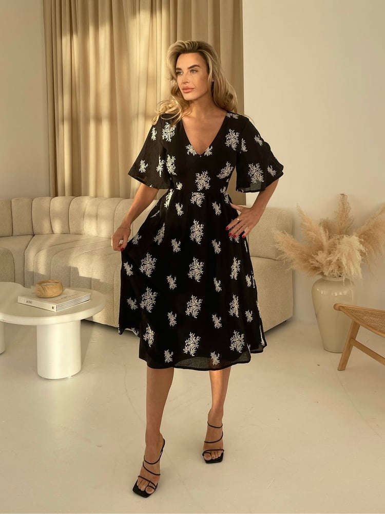Girl In Mind Black Lane Embroidered Angel Sleeve Midi Dress - Image 1 of 4