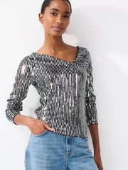 Striped Silver Sequin Long Sleeve Asymmetric Party Top - Image 1 of 6