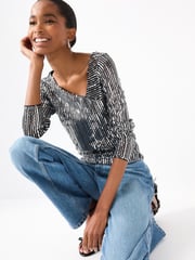 Striped Silver Sequin Long Sleeve Asymmetric Party Top - Image 2 of 6