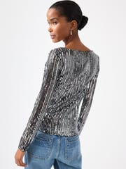 Striped Silver Sequin Long Sleeve Asymmetric Party Top - Image 3 of 6