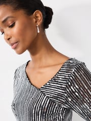 Striped Silver Sequin Long Sleeve Asymmetric Party Top - Image 4 of 6