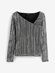 Striped Silver Sequin Long Sleeve Asymmetric Party Top - Image 5 of 6