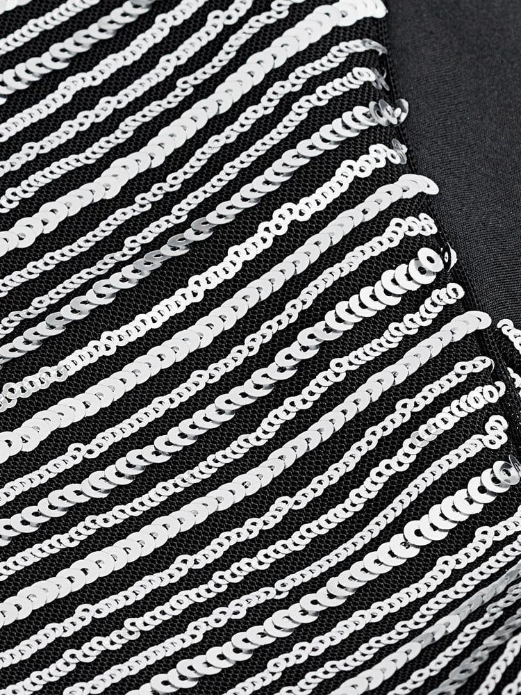 Striped Silver Sequin Long Sleeve Asymmetric Party Top - Image 6 of 6