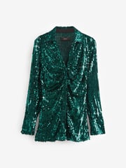 Green Long Sleeve Sequin Ruched Shirt - Image 1 of 1