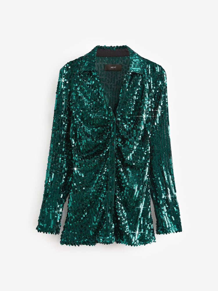 Green Long Sleeve Sequin Ruched Shirt - Image 1 of 1