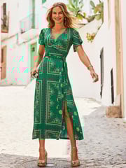 Sosandar Green Ruffle Sleeve Midaxi Wrap Dress - Image 1 of 5