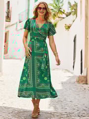 Sosandar Green Ruffle Sleeve Midaxi Wrap Dress - Image 3 of 5