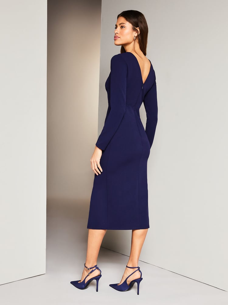 Lipsy Indigo Blue Petite Long Sleeve Cut Out Ruched Bodycon Dress - Image 2 of 4
