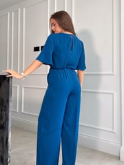 Girl In Mind Blue Viola Wrap Tie Detail Wide Leg Jumpsuit - Image 2 of 4