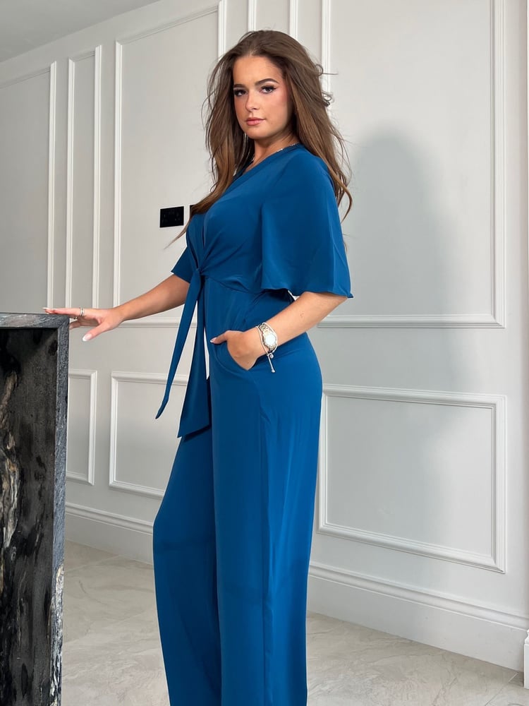 Girl In Mind Blue Viola Wrap Tie Detail Wide Leg Jumpsuit - Image 4 of 4