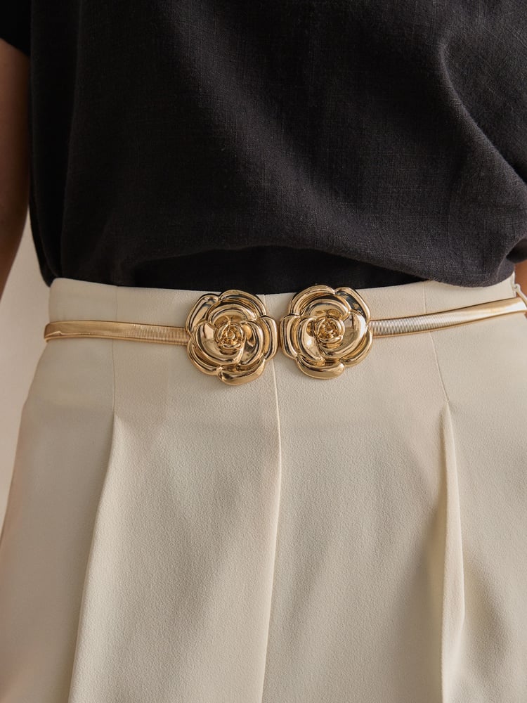 Gold Corsage Flower Skinny Stretch Belt - Image 1 of 5