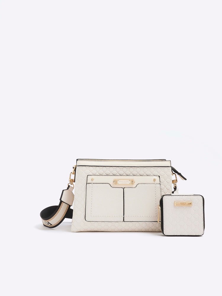 River Island Cream Monogram Tri Comp Cross-Body Bag - Image 1 of 4 River Island Cream Monogram Tri Comp Cross-Body Bag - Image 1 of 4