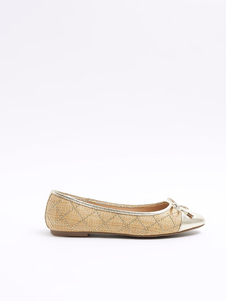 River Island Gold Raffia Studded Bow Ballet Pumps - Image 1 of 4