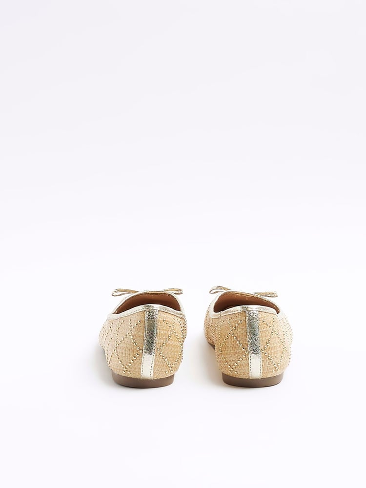 River Island Gold Raffia Studded Bow Ballet Pumps - Image 2 of 4 River Island Gold Raffia Studded Bow Ballet Pumps - Image 2 of 4