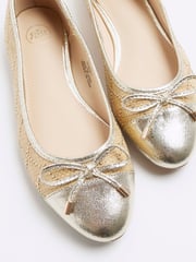 River Island Gold Raffia Studded Bow Ballet Pumps - Image 3 of 4