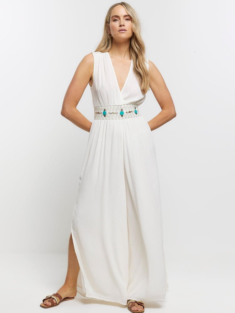 River Island Cream Plunge Embellished Jumpsuit - Image 1 of 4 River Island Cream Plunge Embellished Jumpsuit - Image 1 of 4