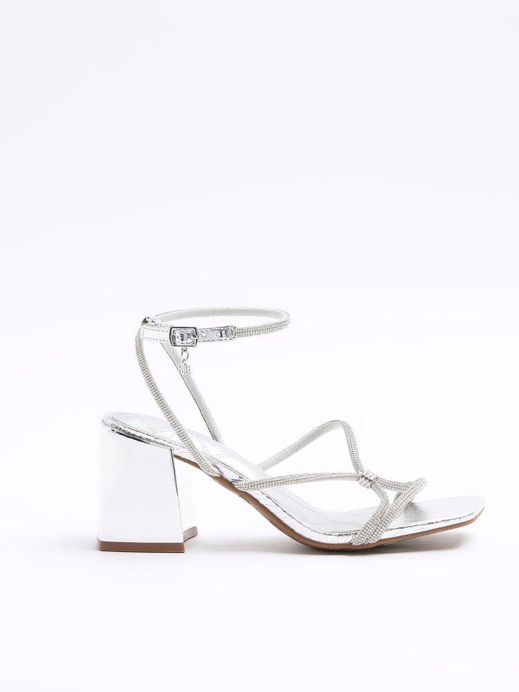 River Island Silver Clipped Tubular Heeled Sandals - Image 1 of 4