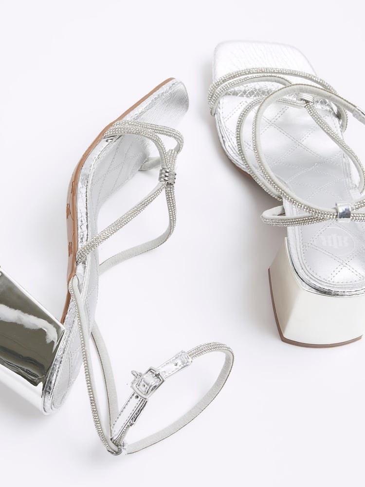 River Island Silver Clipped Tubular Heeled Sandals - Image 4 of 4