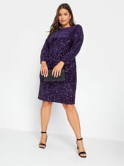 Yours Curve Purple London Sequin Velvet Bellow Sleeve Shift Dress - Image 1 of 3