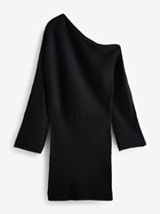 Black Ribbed Off The Shoulder Mini Jumper Dress - Image 1 of 6