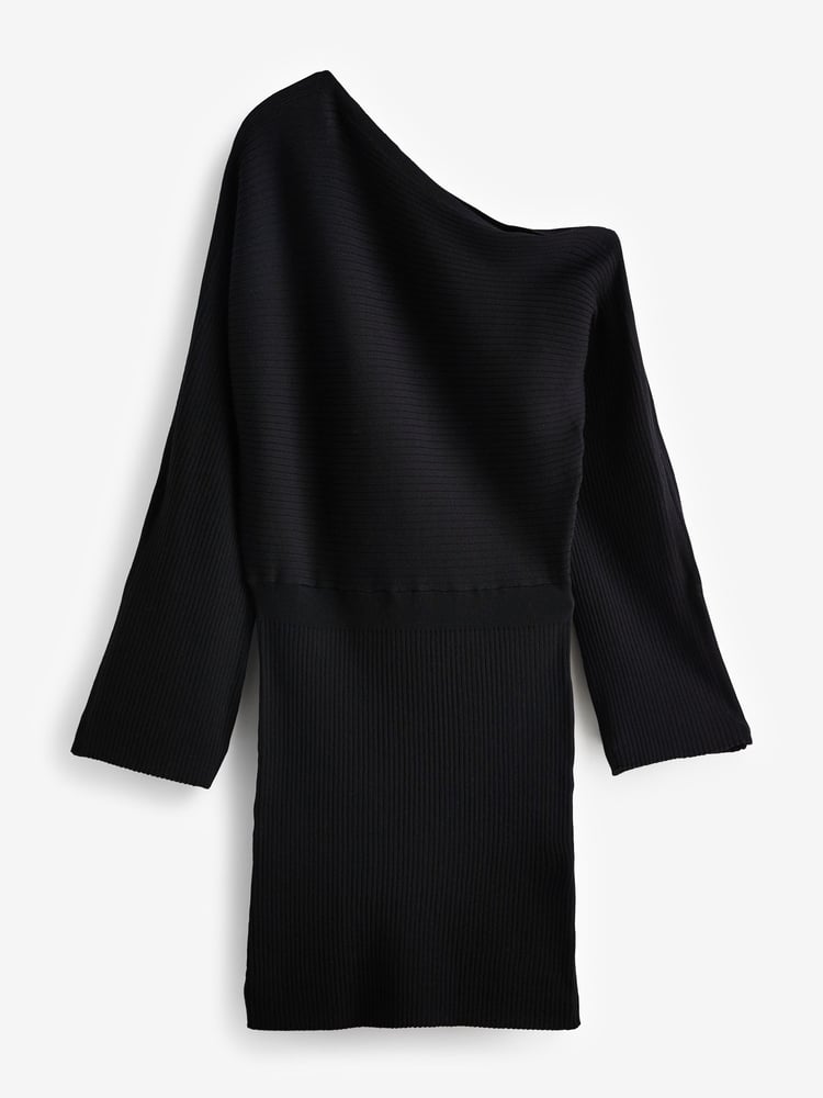 Black Ribbed Off The Shoulder Mini Jumper Dress - Image 1 of 6