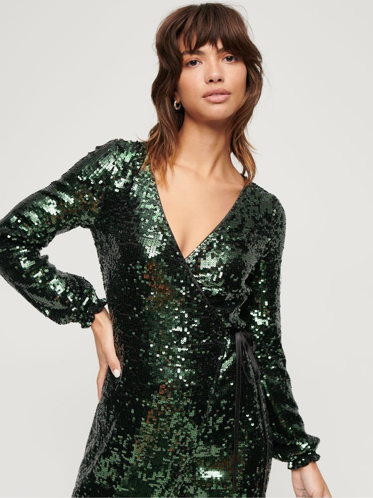 Superdry Green Sequin Wrap Maxi Dress - Image 3 of 3