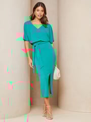 Lipsy Blue V Neck Flutter Sleeve Belted Midi Dress - Image 1 of 4