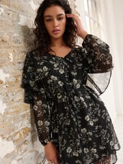 Monochrome Floral Ditsy Cape Long Sleeve Mini Dress - Image 1 of 6