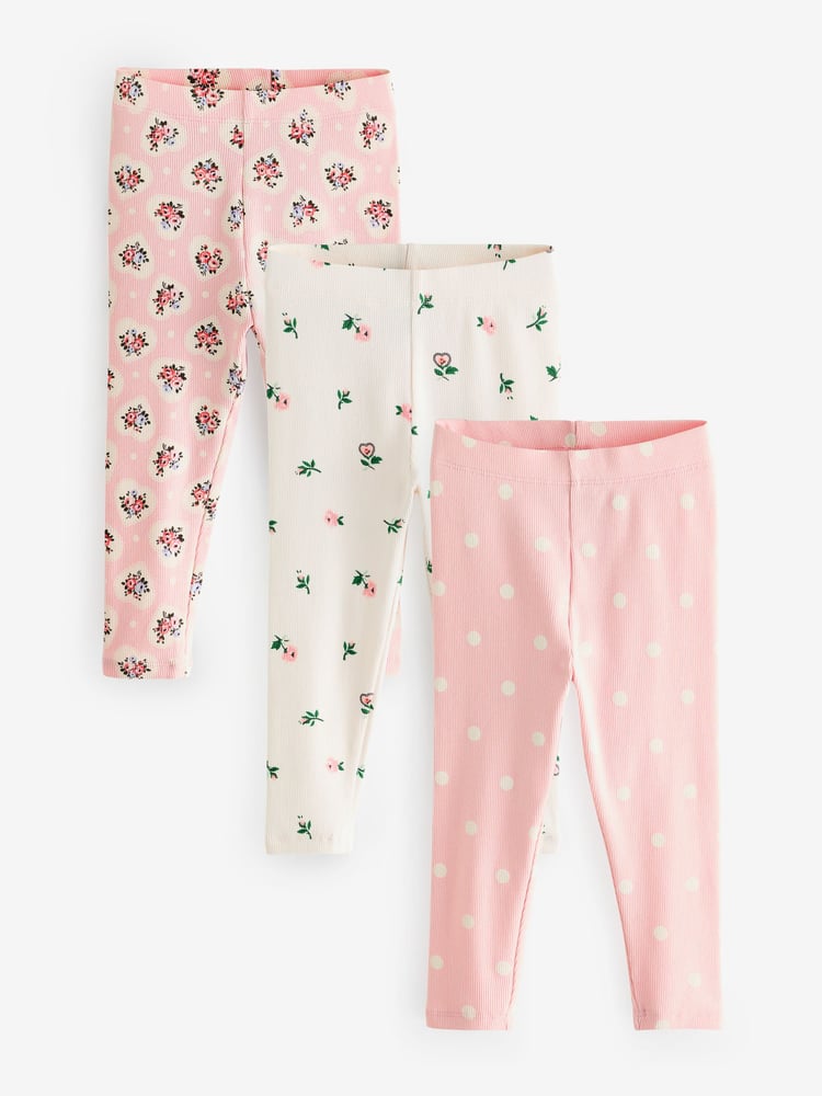 Cath Kidston Pink Floral Ribbed Leggings 3 Pack (3mths-7yrs) - Image 1 of 8
