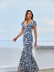 Sosandar Blue Shirred Detail Fit And Flare Dress - Image 1 of 5