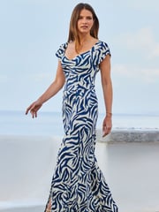 Sosandar Blue Shirred Detail Fit And Flare Dress - Image 2 of 5