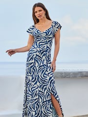 Sosandar Blue Shirred Detail Fit And Flare Dress - Image 3 of 5