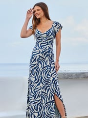 Sosandar Blue Shirred Detail Fit And Flare Dress - Image 4 of 5