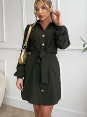 AX Paris Olive Green Button Tie Front Mini Shirt Dress - Image 1 of 4
