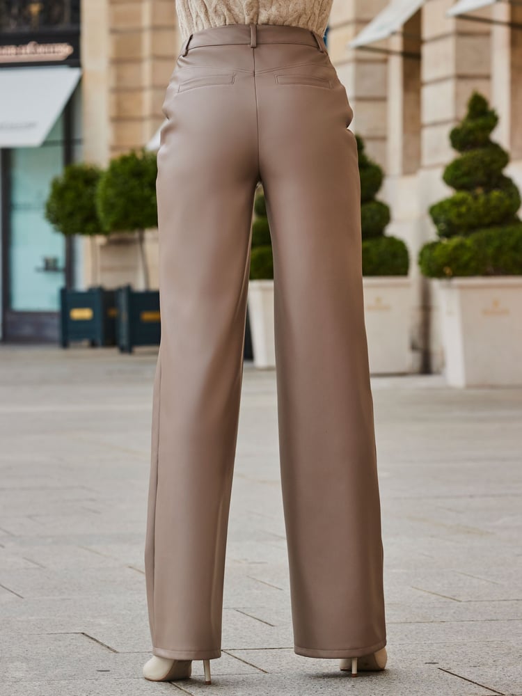Sosandar Brown Faux Leather Wide Leg Trousers - Image 2 of 5