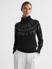 Reiss Black Bella Embellished Fairisle Pattern Removable Roll Neck Jumper - Image 1 of 6