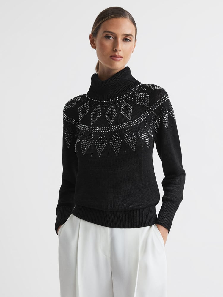 Reiss Black Bella Embellished Fairisle Pattern Removable Roll Neck Jumper - Image 1 of 6