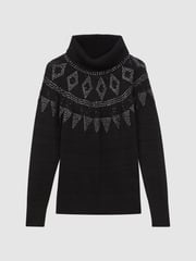 Reiss Black Bella Embellished Fairisle Pattern Removable Roll Neck Jumper - Image 2 of 6