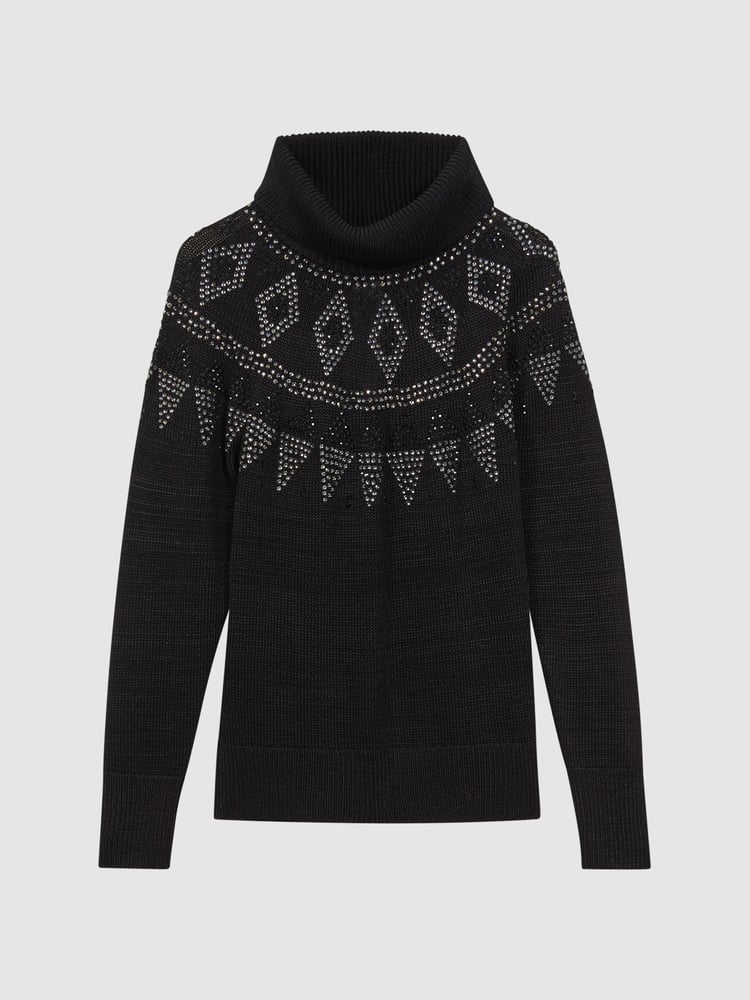 Reiss Black Bella Embellished Fairisle Pattern Removable Roll Neck Jumper - Image 2 of 6
