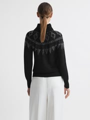 Reiss Black Bella Embellished Fairisle Pattern Removable Roll Neck Jumper - Image 6 of 6